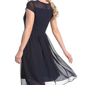 Navy Blue Foil Print Embellished Flared Long Party Wear Cocktail Gown